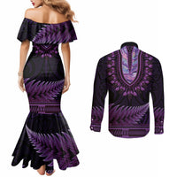 Purple African Dashiki With Aotearoa Maori Couples Matching Mermaid Dress and Long Sleeve Button Shirt Paua Shell Mix Silver Fern LT14 - Polynesian Pride