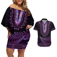 Purple African Dashiki With Aotearoa Maori Couples Matching Off Shoulder Short Dress and Hawaiian Shirt Paua Shell Mix Silver Fern LT14 Purple - Polynesian Pride