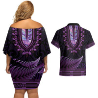 Purple African Dashiki With Aotearoa Maori Couples Matching Off Shoulder Short Dress and Hawaiian Shirt Paua Shell Mix Silver Fern LT14 - Polynesian Pride