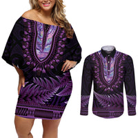 Purple African Dashiki With Aotearoa Maori Couples Matching Off Shoulder Short Dress and Long Sleeve Button Shirt Paua Shell Mix Silver Fern LT14 Purple - Polynesian Pride