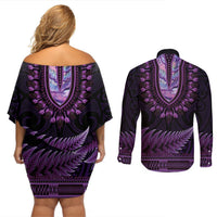 Purple African Dashiki With Aotearoa Maori Couples Matching Off Shoulder Short Dress and Long Sleeve Button Shirt Paua Shell Mix Silver Fern LT14 - Polynesian Pride