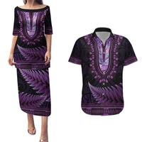 Purple African Dashiki With Aotearoa Maori Couples Matching Puletasi and Hawaiian Shirt Paua Shell Mix Silver Fern LT14 Purple - Polynesian Pride
