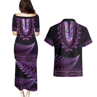 Purple African Dashiki With Aotearoa Maori Couples Matching Puletasi and Hawaiian Shirt Paua Shell Mix Silver Fern LT14 - Polynesian Pride