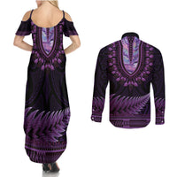 Purple African Dashiki With Aotearoa Maori Couples Matching Summer Maxi Dress and Long Sleeve Button Shirt Paua Shell Mix Silver Fern LT14 - Polynesian Pride