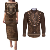 Brown African Dashiki With Tonga Ngatu Pattern Couples Matching Puletasi and Long Sleeve Button Shirt LT14 Brown - Polynesian Pride