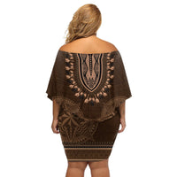 Brown African Dashiki With Tonga Ngatu Pattern Off Shoulder Short Dress LT14 - Polynesian Pride