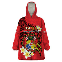Personalised Tonga Emancipation Day Wearable Blanket Hoodie Tongan Ngatu Pattern - Red Version