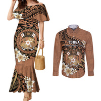 Personalised Tonga Emancipation Day Couples Matching Mermaid Dress and Long Sleeve Button Shirt Tongan Ngatu Pattern - Brown Version LT14 Brown - Polynesian Pride