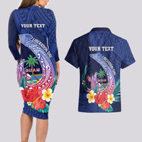 Personalised Guam Liberation Day Couples Matching Long Sleeve Bodycon Dress and Hawaiian Shirt Happy 80th Anniversary Fish Hook Mix Tropical Flowers LT14 - Polynesian Pride