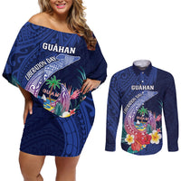 Personalised Guam Liberation Day Couples Matching Off Shoulder Short Dress and Long Sleeve Button Shirt Happy 80th Anniversary Fish Hook Mix Tropical Flowers LT14 Blue - Polynesian Pride