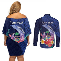 Personalised Guam Liberation Day Couples Matching Off Shoulder Short Dress and Long Sleeve Button Shirt Happy 80th Anniversary Fish Hook Mix Tropical Flowers LT14 - Polynesian Pride