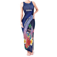 Personalised Guam Liberation Day Tank Maxi Dress Happy 80th Anniversary Fish Hook Mix Tropical Flowers LT14 Women Blue - Polynesian Pride