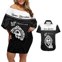 Guam Liberation Day Couples Matching Off Shoulder Short Dress and Hawaiian Shirt Biba Guahan Chamorro 80th Anniversary - Black LT14 Black - Polynesian Pride