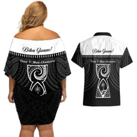 Guam Liberation Day Couples Matching Off Shoulder Short Dress and Hawaiian Shirt Biba Guahan Chamorro 80th Anniversary - Black LT14 - Polynesian Pride