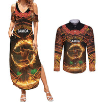 Samoa Teuila 2024 Festival Couples Matching Summer Maxi Dress and Long Sleeve Button Shirt Samoan Siva Afi With Red Gingers LT14 Black - Polynesian Pride