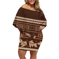 Brown Samoa Siapo Teuila Flowers Off Shoulder Short Dress LT14 Women Brown - Polynesian Pride