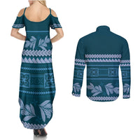 Dark Cyan Samoa Siapo Teuila Flowers Couples Matching Summer Maxi Dress and Long Sleeve Button Shirt LT14 - Polynesian Pride