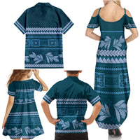 Dark Cyan Samoa Siapo Teuila Flowers Family Matching Summer Maxi Dress and Hawaiian Shirt