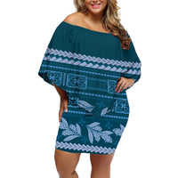 Dark Cyan Samoa Siapo Teuila Flowers Off Shoulder Short Dress LT14 Women Dark Cyan - Polynesian Pride