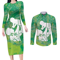 Green Polynesia Father's Day Couples Matching Long Sleeve Bodycon Dress and Long Sleeve Button Shirt Dad You Are My Hero
