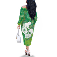 Green Polynesia Father's Day Family Matching Off The Shoulder Long Sleeve Dress and Hawaiian Shirt Dad You Are My Hero