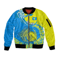 Personalised Palau Independence Day Sleeve Zip Bomber Jacket Happy 29th Anniversary Polynesian Hammerhead Shark LT14 Unisex Blue - Polynesian Pride