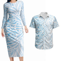 Blue New Zealand Puhoro Maori Tattoo Couples Matching Long Sleeve Bodycon Dress and Hawaiian Shirt LT14 Blue - Polynesian Pride