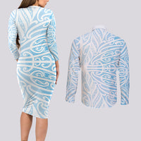 Blue New Zealand Puhoro Maori Tattoo Couples Matching Long Sleeve Bodycon Dress and Long Sleeve Button Shirt