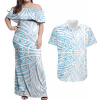 Blue New Zealand Puhoro Maori Tattoo Couples Matching Off Shoulder Maxi Dress and Hawaiian Shirt