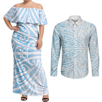 Blue New Zealand Puhoro Maori Tattoo Couples Matching Off Shoulder Maxi Dress and Long Sleeve Button Shirt LT14 Blue - Polynesian Pride
