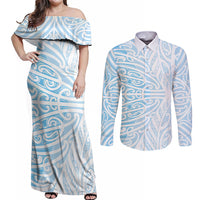 Blue New Zealand Puhoro Maori Tattoo Couples Matching Off Shoulder Maxi Dress and Long Sleeve Button Shirt