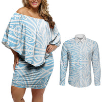 Blue New Zealand Puhoro Maori Tattoo Couples Matching Off Shoulder Short Dress and Long Sleeve Button Shirt LT14 Blue - Polynesian Pride