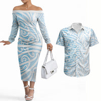 Blue New Zealand Puhoro Maori Tattoo Couples Matching Off The Shoulder Long Sleeve Dress and Hawaiian Shirt LT14 Blue - Polynesian Pride