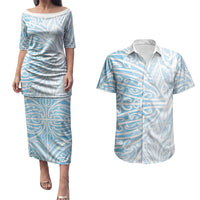 Blue New Zealand Puhoro Maori Tattoo Couples Matching Puletasi and Hawaiian Shirt LT14 Blue - Polynesian Pride