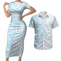 Blue New Zealand Puhoro Maori Tattoo Couples Matching Short Sleeve Bodycon Dress and Hawaiian Shirt LT14 Blue - Polynesian Pride