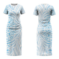 Blue New Zealand Puhoro Maori Tattoo Couples Matching Short Sleeve Bodycon Dress and Long Sleeve Button Shirt LT14 - Polynesian Pride