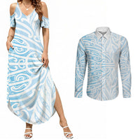 Blue New Zealand Puhoro Maori Tattoo Couples Matching Summer Maxi Dress and Long Sleeve Button Shirt LT14 Blue - Polynesian Pride