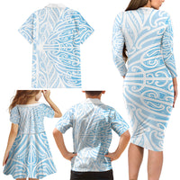 Blue New Zealand Puhoro Maori Tattoo Family Matching Long Sleeve Bodycon Dress and Hawaiian Shirt LT14 Mom's Dress Blue - Polynesian Pride