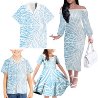 Blue New Zealand Puhoro Maori Tattoo Family Matching Off The Shoulder Long Sleeve Dress and Hawaiian Shirt