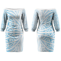 Blue New Zealand Puhoro Maori Tattoo Family Matching Off The Shoulder Long Sleeve Dress and Hawaiian Shirt LT14 Mom's Dress Blue - Polynesian Pride