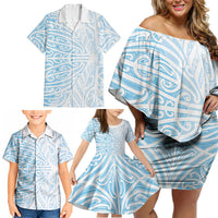 Blue New Zealand Puhoro Maori Tattoo Family Matching Off Shoulder Short Dress and Hawaiian Shirt LT14 - Polynesian Pride