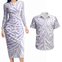 Purple New Zealand Puhoro Maori Tattoo Couples Matching Long Sleeve Bodycon Dress and Hawaiian Shirt LT14 Purple - Polynesian Pride