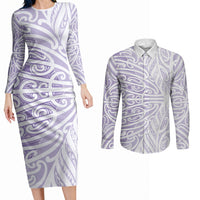 Purple New Zealand Puhoro Maori Tattoo Couples Matching Long Sleeve Bodycon Dress and Long Sleeve Button Shirt LT14 Purple - Polynesian Pride