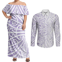 Purple New Zealand Puhoro Maori Tattoo Couples Matching Off Shoulder Maxi Dress and Long Sleeve Button Shirt LT14 Purple - Polynesian Pride