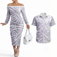 Purple New Zealand Puhoro Maori Tattoo Couples Matching Off The Shoulder Long Sleeve Dress and Hawaiian Shirt LT14 Purple - Polynesian Pride