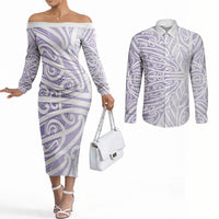 Purple New Zealand Puhoro Maori Tattoo Couples Matching Off The Shoulder Long Sleeve Dress and Long Sleeve Button Shirt LT14 Purple - Polynesian Pride
