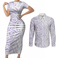 Purple New Zealand Puhoro Maori Tattoo Couples Matching Short Sleeve Bodycon Dress and Long Sleeve Button Shirt LT14 Purple - Polynesian Pride