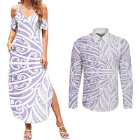 Purple New Zealand Puhoro Maori Tattoo Couples Matching Summer Maxi Dress and Long Sleeve Button Shirt