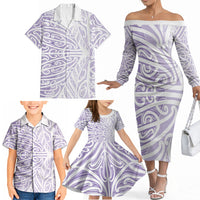 Purple New Zealand Puhoro Maori Tattoo Family Matching Off The Shoulder Long Sleeve Dress and Hawaiian Shirt LT14 - Polynesian Pride