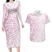 Pink New Zealand Puhoro Maori Tattoo Couples Matching Long Sleeve Bodycon Dress and Hawaiian Shirt